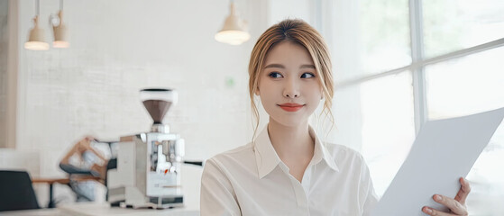 Young woman reviewing documents in a bright coffee shop during the afternoon