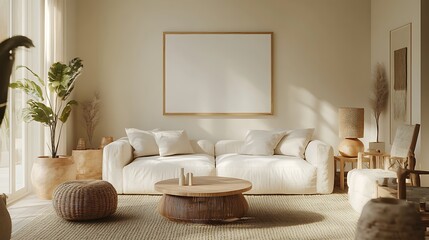 A simple living room with a white sofa and coffee table, a blank canvas mockup on the wall above it, beige tones, wooden accents, soft lighting, a neutral color palette, modern design elements,