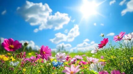 Bright sunny sky illuminates colorful flowers on a green field