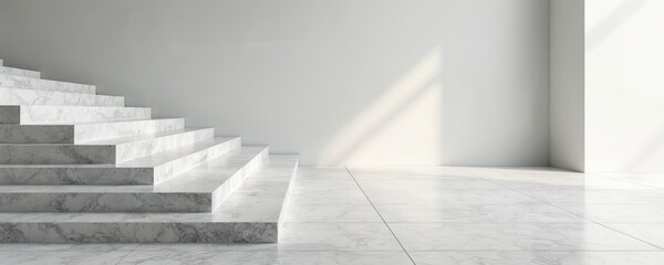 Marble staircase with granite outdoor flooring. White stone steps near wall with light, shadow. Modern architecture with luxury interior design. Empty entrance with nobody. Minimalist interior with