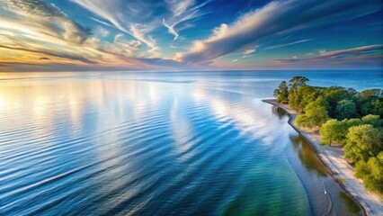 Fototapeta premium Serene Coastal Sunset Tranquil waters reflecting vibrant sky hues at the tranquil shoreline, where lush greenery meets the calm ocean waves.