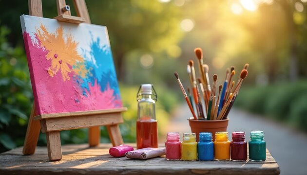 Artist easel stands outdoors with colorful canvas art. Paint supplies include brushes, palette, colorful paint bottles, water bottle. Artistic equipment ready at park for drawing, painting.