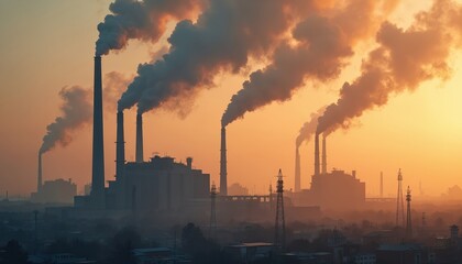 Textile factory smoke stacks billow pollution into sky. Air emissions harm eco. Environmental damage from fast fashion. Industrial factory process production waste in sunset. Pollution spreads over