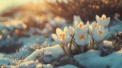 white crocuses blooming in the spring snow