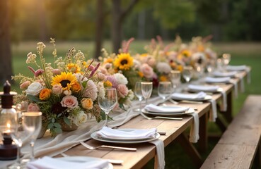 Wedding reception table setting close up with floral sunflower arrangements. Tableware, plates, glasses, napkins on wooden desk at sunny outdoors party event. Romantic floral decor for catering
