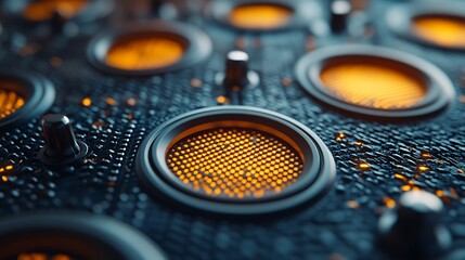 Fototapeta premium Close-up of futuristic metallic surface with illuminated circular elements.