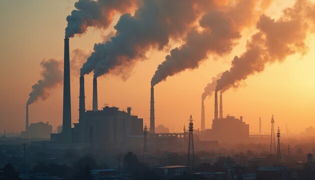 Textile factory smoke stacks billow pollution into sky. Air emissions harm eco. Environmental damage from fast fashion. Industrial factory process production waste in sunset. Pollution spreads over