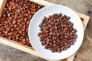 Close-Up of Roasted Coffee Beans in Wooden Box