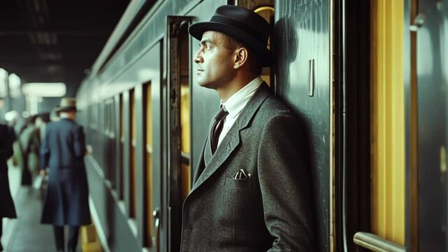 A stylish man awaits at a vintage train station, evoking a nostalgic mood.