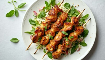 Fototapeta premium Grilled chicken skewers with fresh salad on a white plate perfect culinary