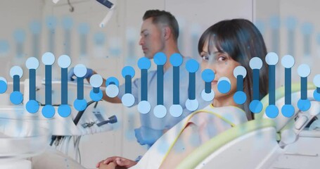 DNA strand animation over dentist working with patient in clinic - Powered by Adobe