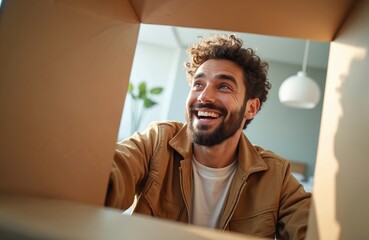 Happy arabian man unpacking delivery at home looking inside cardboard box. Smiling satisfied bearded shopper opening package receiving purchase gift by postal shipping. Man enjoy online shopping,