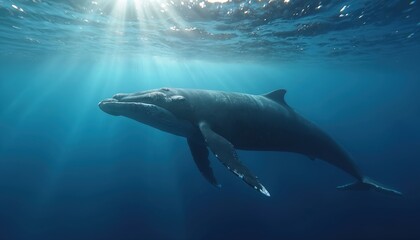 Fototapeta premium Humpback whale swims underwater in sunlight. Marine life underwater close-up for ocean conservation visuals. The whale swims peacefully through the deep blue sea promoting environmental protection.