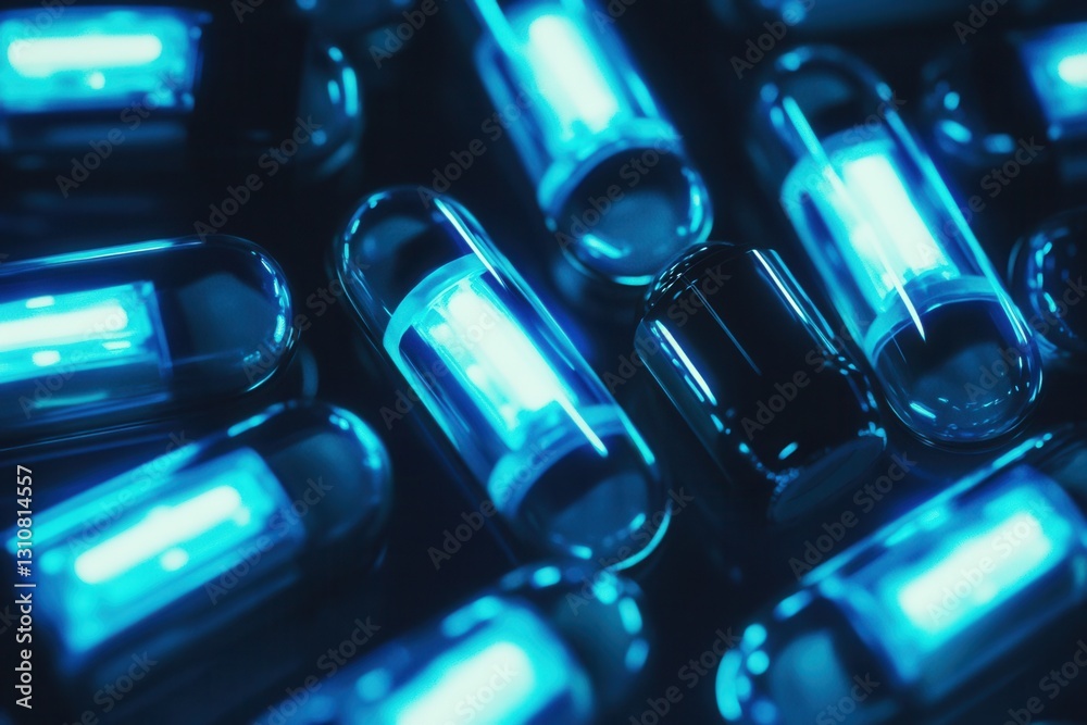 Poster Glowing capsules emit soft blue light in a dark setting, creating a futuristic and abstract medical aesthetic at night