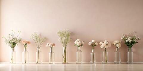 Pastel floral arrangements in clear glass vases against a muted background create a serene and elegant display.