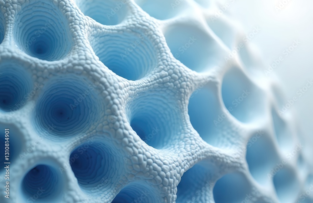 Poster Abstract blue, white porous structure with organic hole pattern, creating three-dimensional effect. Macro close-up view of design. Perfect for medical, science tech themes. Cellular tissue, cell