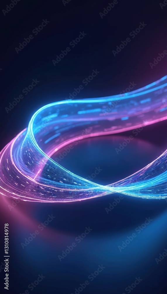 Poster Dynamic digital light trails flow in blue and purple hues against dark background. Curves create an abstract, neon glowing design with vibrant energy. Modern tech with innovation concept.