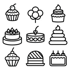 Cake Icons Set. Simple Black and White Dessert, Cupcake, Bakery, and Pastry Illustrations