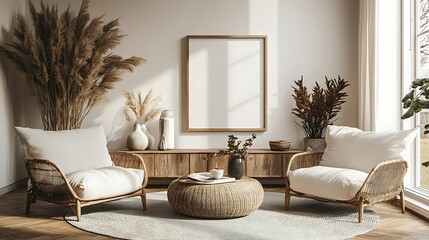 A small poster frame mockup in an elegant and cozy living room. The wall is white with wood details. There are two armchairs, a coffee table, and decorations on top of it