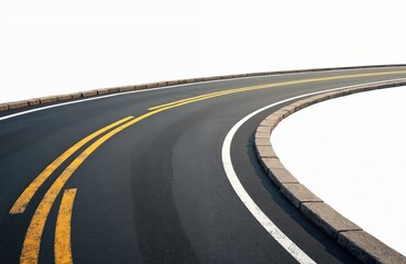 Asphalt road with yellow, white lane markings makes right turn on transparent background. Empty highway infrastructure isolated with clipping path. Design element for overlay, seamless texture for