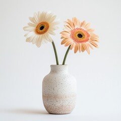 Elegant Gerbera Daisies in Rustic Vase: A Simple Floral Arrangement Against a Clean, Minimalist Background