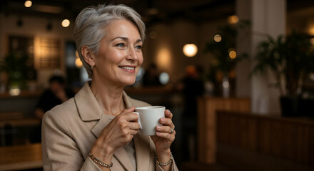 Smiling mature woman enjoying coffee in a cafe