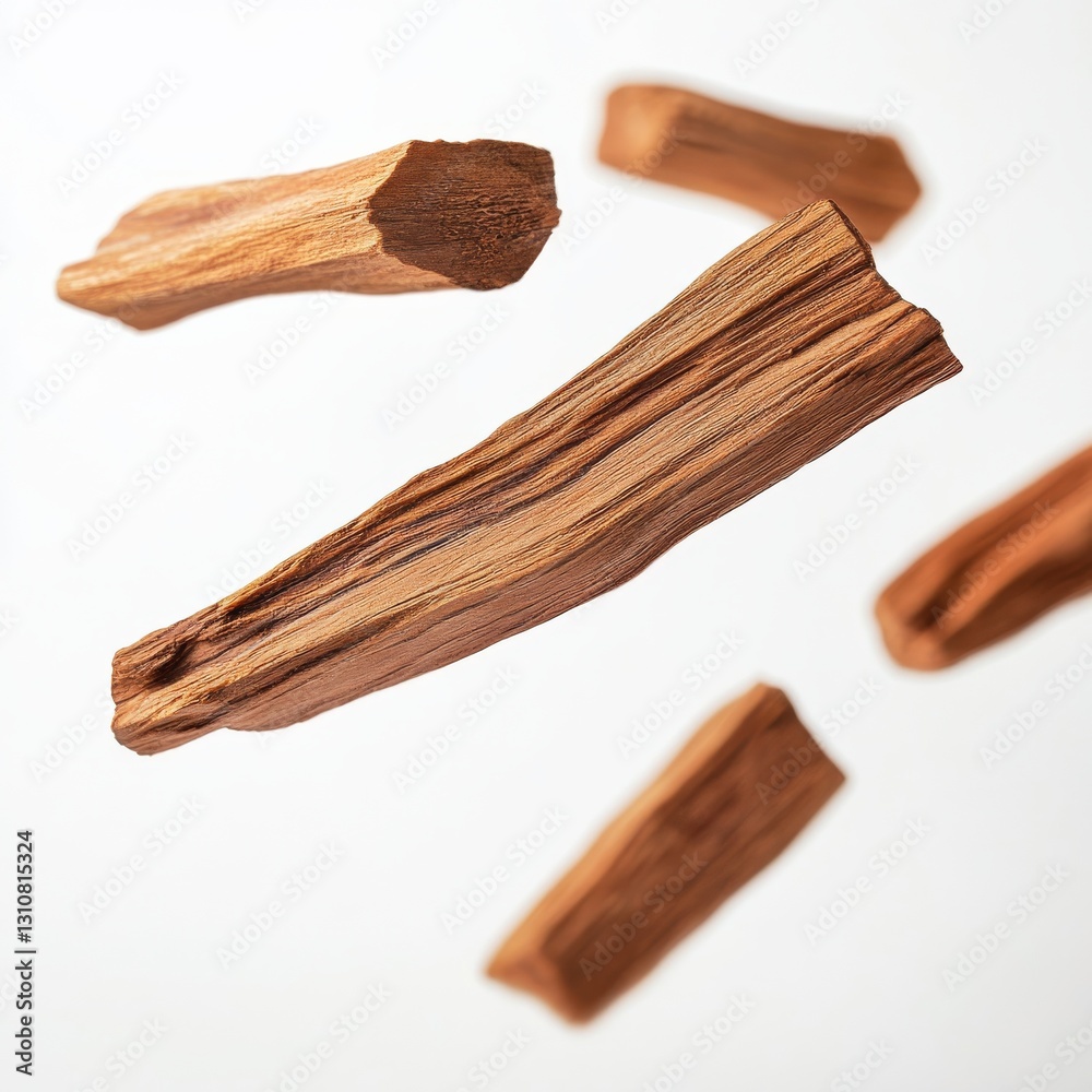 Poster floating blocks: artistic composition of wood sections in a dynamic, mid-air arrangement on a clean 