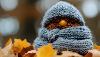 Cozy bird in fall leaves