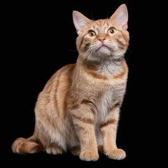 Obraz premium Curious orange tabby cat with alert expression, sitting on black background, looking at camera. Horizontal stripes on light brown fur.