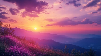 Serene Sunset over Majestic Mountains with Purple Flowers