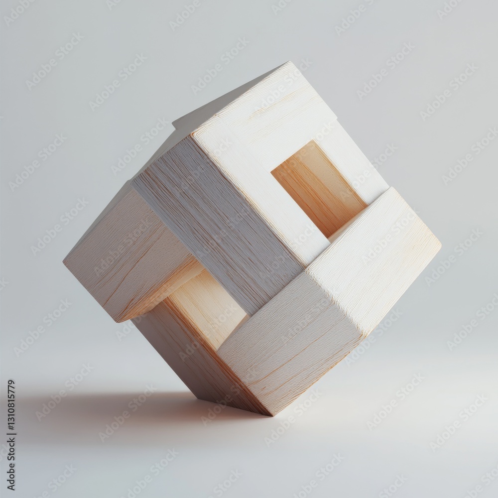 Poster minimalist interlocking wooden cube sculpture on white background with subtle textural details and s