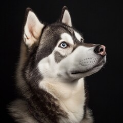 Fototapeta premium Majestic Husky Portrait: A Close-Up of a Blue-Eyed Dog on a Dark Background, Exuding Alertness and Noble Elegance.