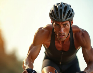 Close-up of determined triathlete in black sport suit, helmet. Muscular sportsman transitions cycling. Athlete showing endurance, strength, sharp focus. Sunlight enhances physical prowess, intense