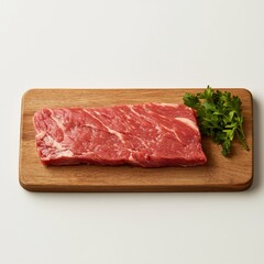 Raw Flank Steak on Wooden Cutting Board with Parsley, Perfect for Grilling and Preparation