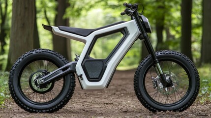 Fototapeta premium White electric motorcycle parked on a dirt path in a lush forest