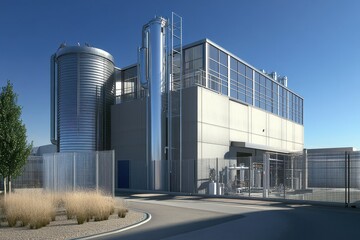 Modern industrial facility with tall tanks and glass facade. Illustrates pharmaceutical or biotech manufacturing processes.