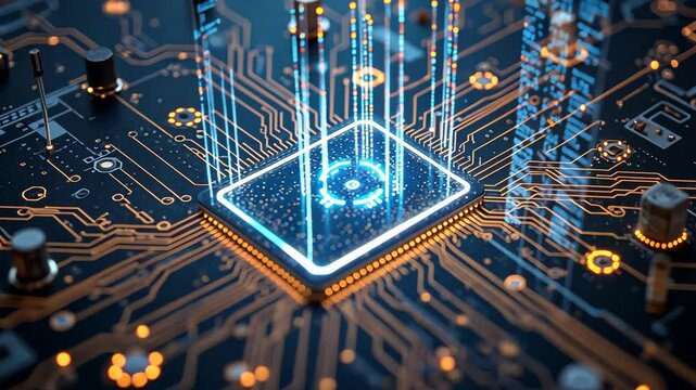  Futuristic Circuit Board with Advanced Microchip and Holographic Interface