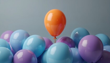 Orange balloon stands out among blue, violet balloons. Leadership metaphor, talent management concept, HR standout, unique skills, human resources promotion. Hiring best candidate. Motivation,