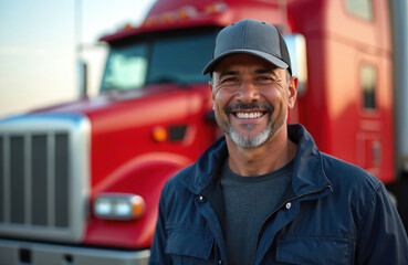 Cheerful hispanic truck driver in cap, jacket stands near semi truck, smiles at camera. Mature man with gray beard working in transportation industry. Happy male trucking company owner.