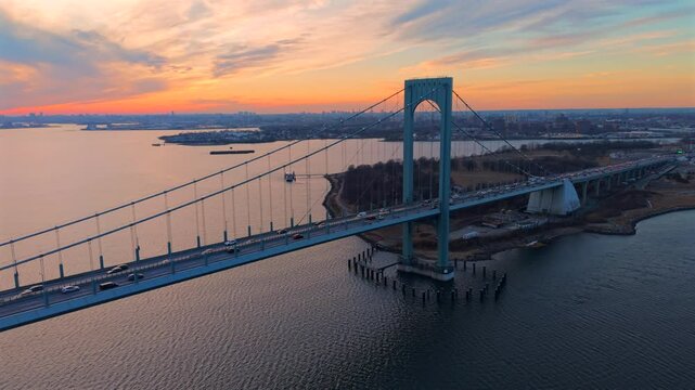 Sunset aerial telephoto focal 4K60p footage at White Stone bridge in New York City, NY