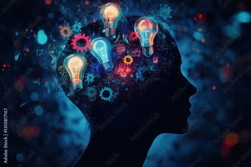 Poster Creative silhouettes featuring floating lightbulbs and gears in a futuristic artistic display