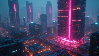 Aerial view of futuristic city skyline with cutting edge tech. Skyscrapers with neon lights, modern buildings, clean seamless design. Urban landscape featuring financial tech, digital interfaces,