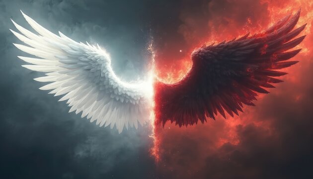 Concept art of good versus evil white glowing angel wing contrasts dark evil red demon wing. Heaven and hell split. Good and bad balance. Fantasy cinematic duel illustration of faith.