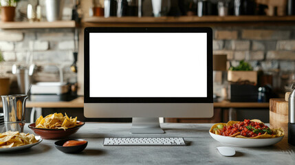 Workplace of a Mexican freelancer. A mockup of a computer monitor on the kitchen table. On the table is a stylish computer monitor with a white screen, in front of which are plates with Mexican dishes