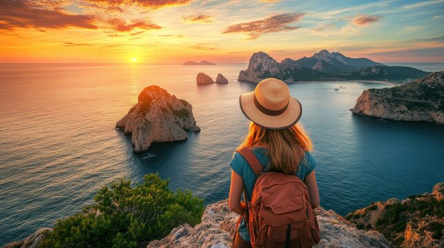 woman traveler at sunset overlooking stunning coastal cliffs