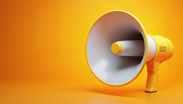 3D rendering of yellow megaphone on orange background. Loudspeaker for announcements, advertising, notifications, loud messages. Bullhorn for important info, speak sign. Communication tool for