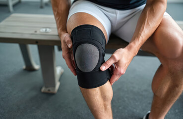 Plakat Man puts knee brace to support painful leg. Athlete wears elastic kneecap bandage for compression, fix trauma. Close-up leg support sleeve for health problems, pain recovery in gym.