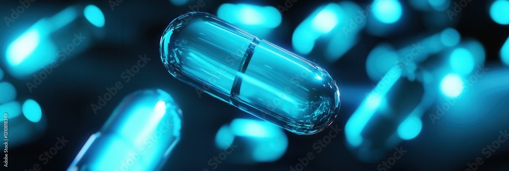 Aufkleber Glowing capsules in a dark environment create a futuristic ambiance with abstract medical design and soft blue light