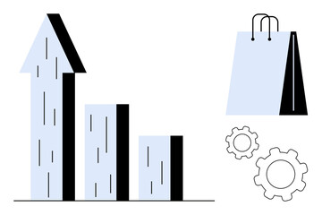 Bar chart with rising arrow, shopping bag icon, and gears representing business growth, e-commerce strategies, analytics, process optimization, retail performance, market trends, flat simple metaphor