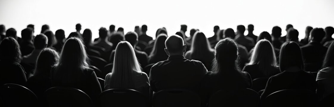 Silhouettes of diverse audience members watching presentation. Group of seated people in black, white in panoramic view listen lecture performance. Concept of teamwork, meeting, conference seminar.